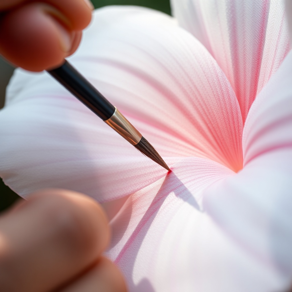 화가가 4호 붓을 사용하여 꽃잎의 세밀한 명암을 표현하고 있는 손 클로즈업