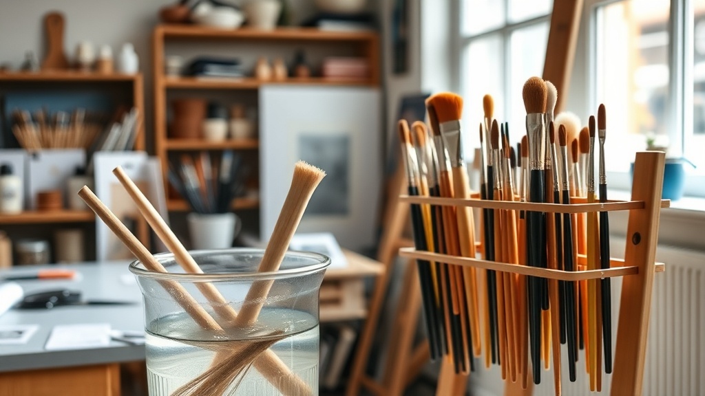 작업실에서 물통에 담긴 붓을 세척하고 건조대에서 말리는 과정의 맥락