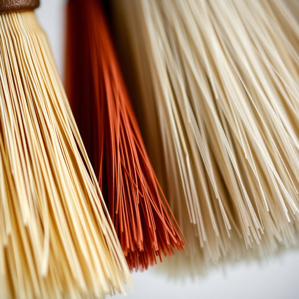 천연모와 인조모 붓의 털 질감을 확대하여 비교한 모습, 천연모의 큐티클 층과 인조모의 매끄러운 표면 차이