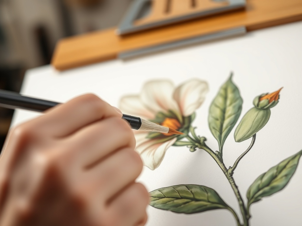 탄력 있는 인조모 붓을 사용하여 세밀한 식물 일러스트를 그리고 있는 작가의 손 클로즈업